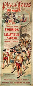 Affiche publicitaire pour une corrida à la Plaza de Toros, Nîmes, 1er août 1897, gravée par J. Ortega